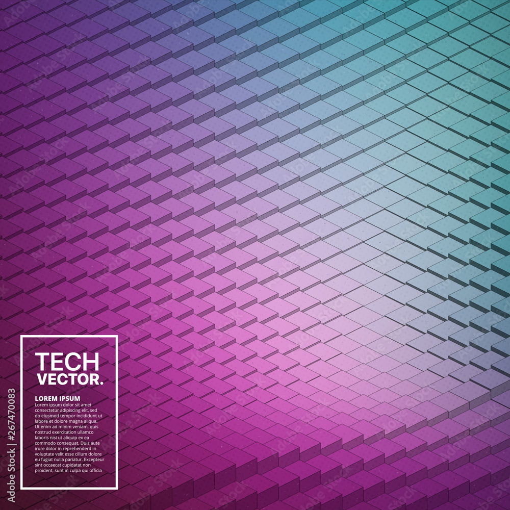 Poster 3d technological blocks waveform structure retrowave purple abstract vector background. isometric te