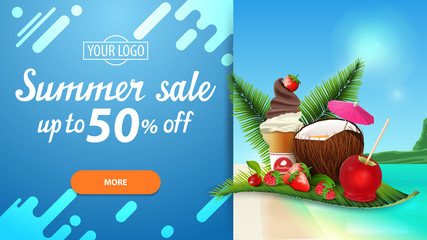 Summer sale, discount web banner for your website with beautiful seascape, modern design, coconut cocktail, strawberry, raspberry, cherry and ice cream on palm leaf