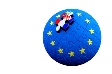 European union globe puzzle and one puzzle piece with Croatia flag. 3d render