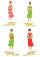 Collection. A sweet lady carries a basket with apples, persimmons, grapes and tangerines. Ripe and sweet fruits. The girl is young and beautiful. Vector illustration set