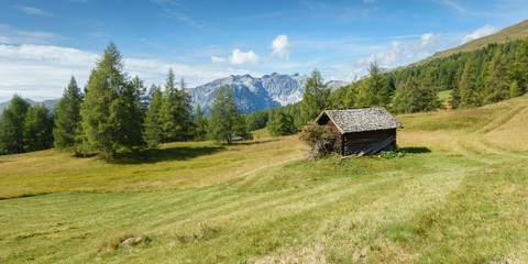 Panorama einer Berghütte auf einer Almwiese in Österreich