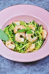 Garlic shrimp with zucchini noodles. Low carb, paleo and keto diet dish