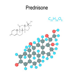 Prednisone. Chemical structural formula and model of hormone molecule. C21H26O5