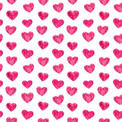 Pink hearts seamless pattern, hand drawn watercolor illustration isolated on white.