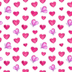 Hearts and pink butterflies seamless pattern, hand drawn watercolor illustration isolated on white.