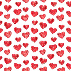 Red hearts seamless pattern, hand drawn watercolor illustration isolated on white.