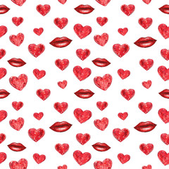 Hearts and red lips seamless pattern, hand drawn watercolor illustration isolated on white.