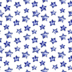 Blue stars seamless pattern, hand drawn watercolor illustration isolated on white.