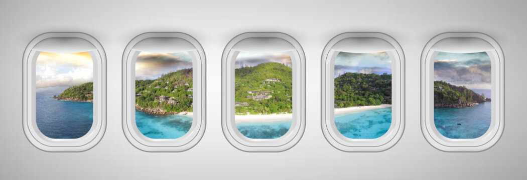 Fototapeta Seychelles at sunset as seen through five aircraft windows. Holiday and travel concept