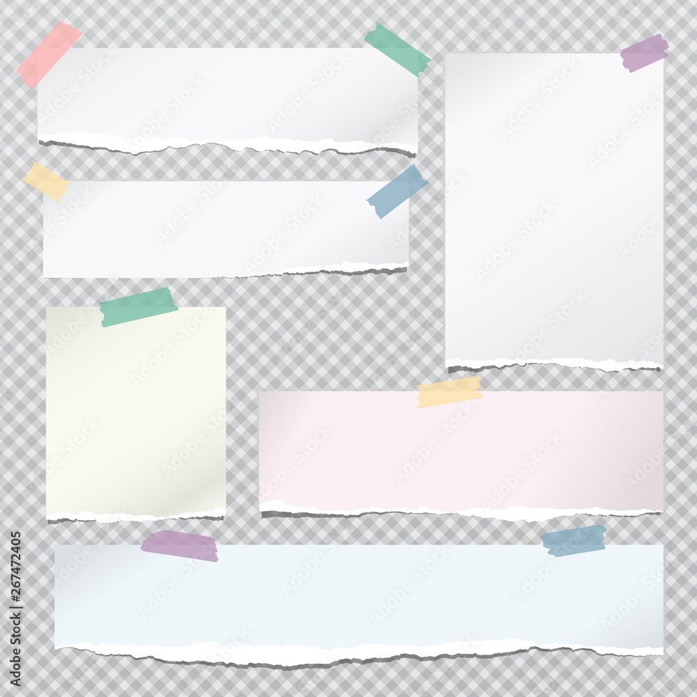 Poster set of white and colorful torn note, notebook paper strips stuck on grey squared background. vector 