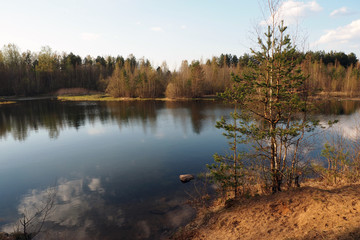Landscape lakes and forests of Northern nature. Wild nature on a Sunny day.