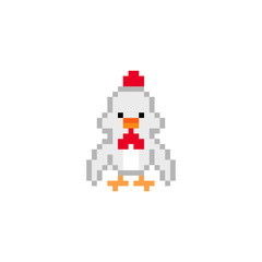 Obraz premium Pixel art rooster character isolated on white background. Domesitc bird icon. Cute 8 bit logo. Retro vintage 80s; 90s slot machine/video game graphics. Chicken mascot. Chinese zodiac symbol.