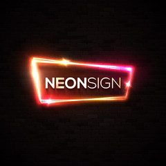 Glowing signage. Neon light frame on black brick background. 3d electric border with star sparkle light flash. Design element template for flyer banner poster. Halogen or led lamp vector illustration.