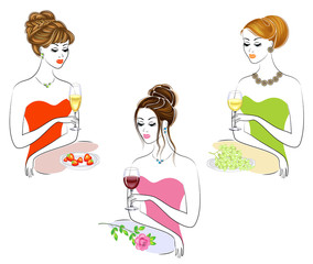 Collection. Beautiful girls are sitting at the table. Women hold a glass of red, white and champagne wine. Next strawberry, grapes, rose. Vector illustration set