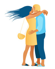 A loving couple of people kissing, hugging in the summer. A young woman embraces a man by the neck. The guy and the girl hug and kiss each other on a white background. Flat style vector illustration.