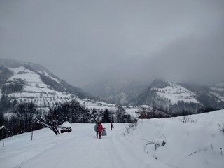 Paisaje de invierno con montañas y árboles, casas pueblo rural nieve en Rumanía Transilvania