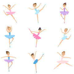 Set of young girl ballerina, colorful textile clothes