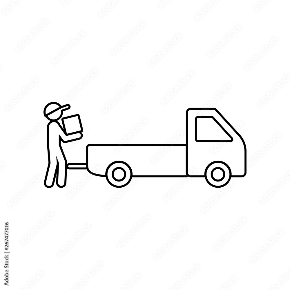 Poster man collects packing boxes in a pickup truck icon. element of logistic for mobile concept and web ap