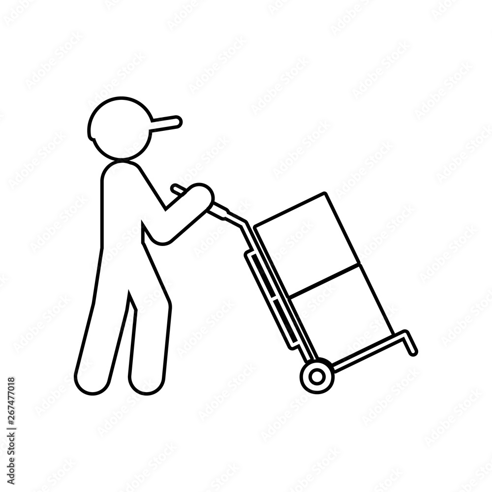 Poster man drives packing boxes in a cart icon. element of logistic for mobile concept and web apps icon. o