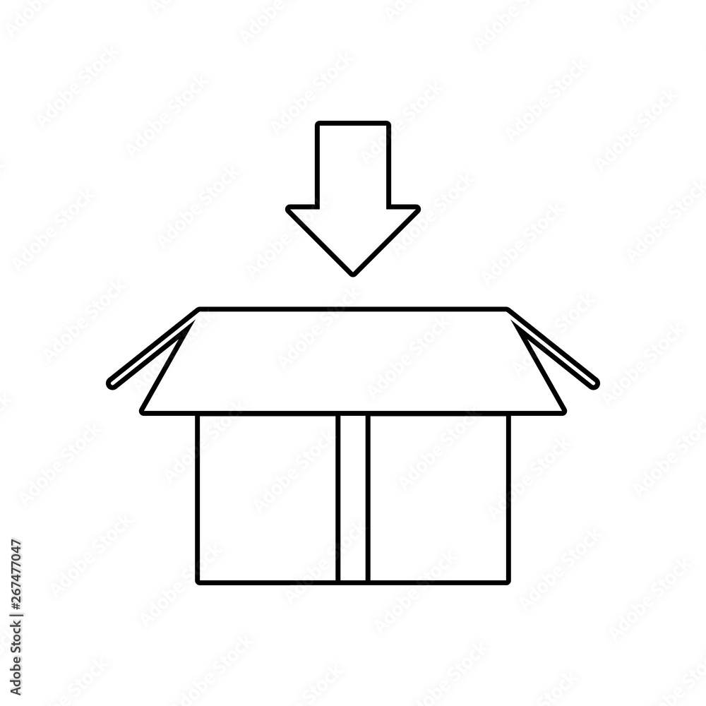 Poster an arrow in the bottom above the packing box icon. element of logistic for mobile concept and web ap