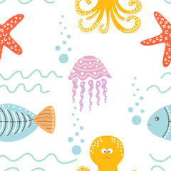 Seamless cartoon pattern with sea inhabitants - octopus, fish, starfish, jellyfish and waves. Vector