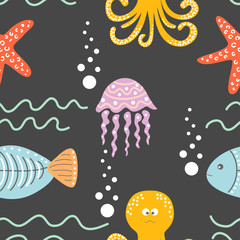Cartoon Sea Animal Inhabitants Print - Octopus Fish Starfish Jellyfish and Waves. Vector