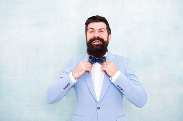 bride groom at wedding party. tuxedo fashion look. bearded man in bow tie. glamour hipster male with beard. gentleman go on love date. mature businessman in blue jacket. He will melt your heart