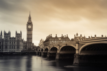 Big Ben and westminster bridge. Black and white