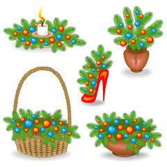 Collection of original compositions and bouquets of Christmas tree branches. Traditional symbol of the New Year. Decorated with bright balls. Creates a festive mood. Vector illustration