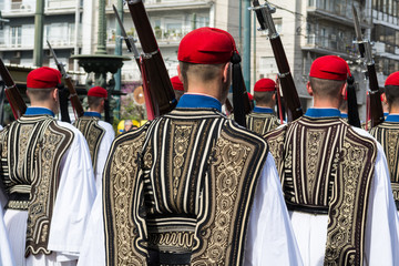 Soldiers of the presidential guard marching in Athens, Greece.