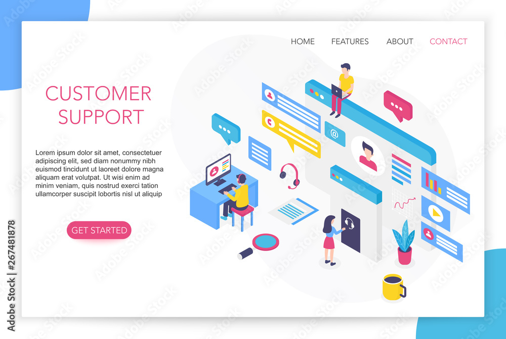 Poster Customer support concept. Contact us. FAQ. Hotline chat consultant Helpdesk talking. Call center concept 3d isometric website landing page template vector illustration.