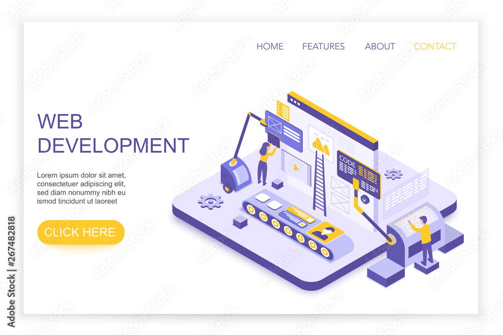Aufkleber Web development and design infographics. Desktop website and mobile website concept with people 3d isometric landing website page template vector illustration.