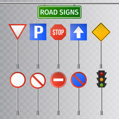 Set of street traffic and green road signs, signpost and guidepost . isolated on transparent background. Vector illustration.