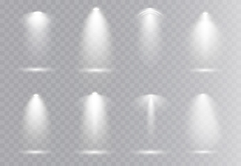 Scene illumination collection, transparent effects. Bright lighting with spotlights.