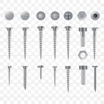 Set of 3d realistic metal screws, stainless steel bolts, nuts, rivets and nails isolated onn a transparent background. Vector Illustration.