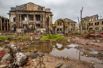 The vanished city. Ruins of houses. Broken houses. Uninhabited ruins after the earthquake. An...