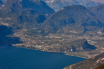 Obraz premium View of the Lake Garda from Monte Baldo, Italy.Panorama of the gorgeous Garda lake surrounded by mountains in the autumn
