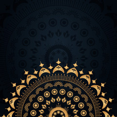Gold mandala on black background. Banner template illustration