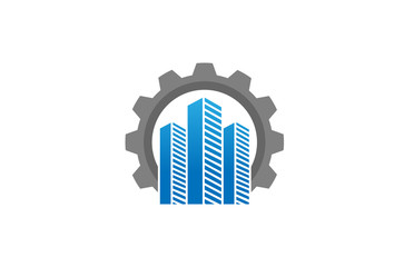 Creative Skyscrapers Building Gear Logo Design Illustration