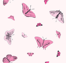 Delicate seamless pattern with butterflies in light pink. Colorful illustration of a collection of butterflies in different sizes for backgrounds, fashion, textile, wrapping paper and wallpaper