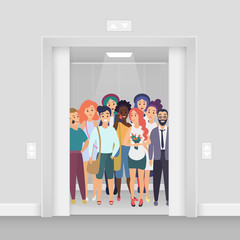 Group of young smiling people with phones, bags, flowers in the bright lighted modern crowded elevator with open doors vector illustration. © lembergvector