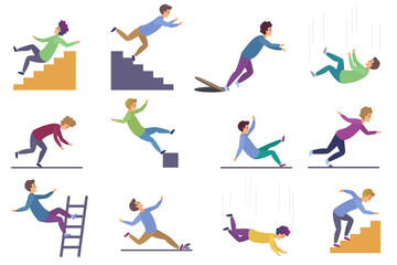 Fototapeta na wymiar Set of injuring people falling down the stairs and over the edge, ladder, drop from the altitude, wet floor falling, stumbling on the sewer hall, tripping on stairs isolated on white background.