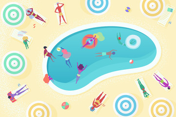 Top view of different female and male people relaxing near the pool, sunbathing, swimming, playing, diving, having rest, enjoying time outdoors cartoon vector illustration.