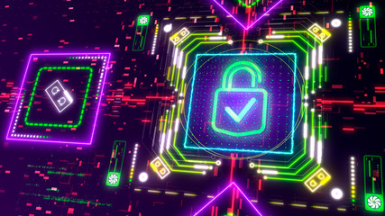 Neon padlock symbol. Computer and internet cyber security sign 3d illustration