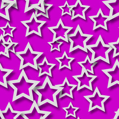 Abstract seamless pattern of randomly arranged white stars with soft shadows on purple background