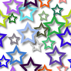 Abstract seamless pattern of randomly arranged colored stars with soft shadows on white background
