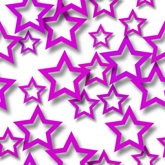 Abstract seamless pattern of randomly arranged purple stars with soft shadows on white background