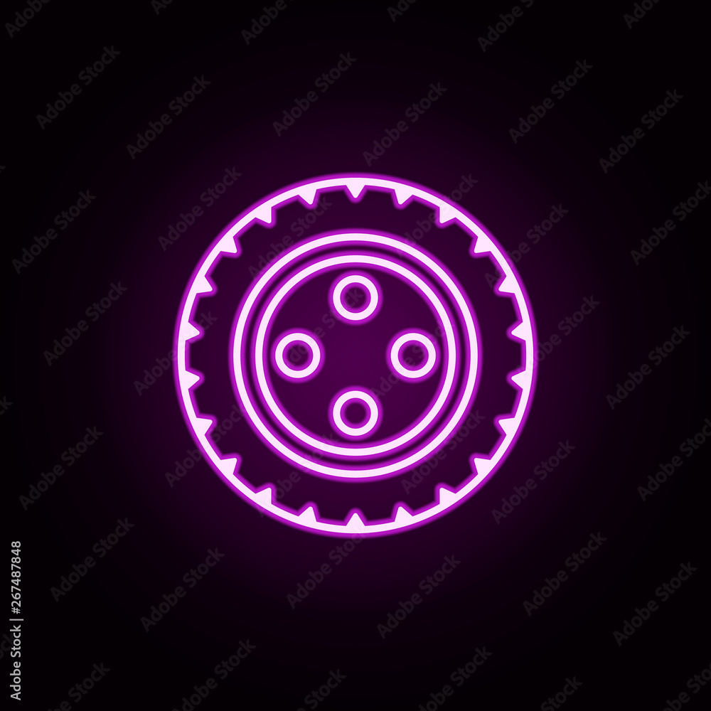 Poster alloy wheel neon icon. elements of auto workshop set. simple icon for websites, web design, mobile a