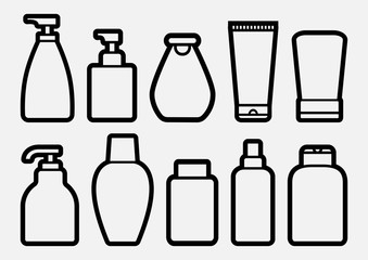 Set of cosmetic bottle icons, outline design. Vector illustration