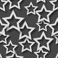 Abstract seamless pattern of randomly arranged white stars with soft shadows on black background
